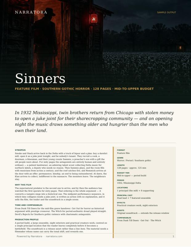 Film & TV One-Pager sample — Sinners