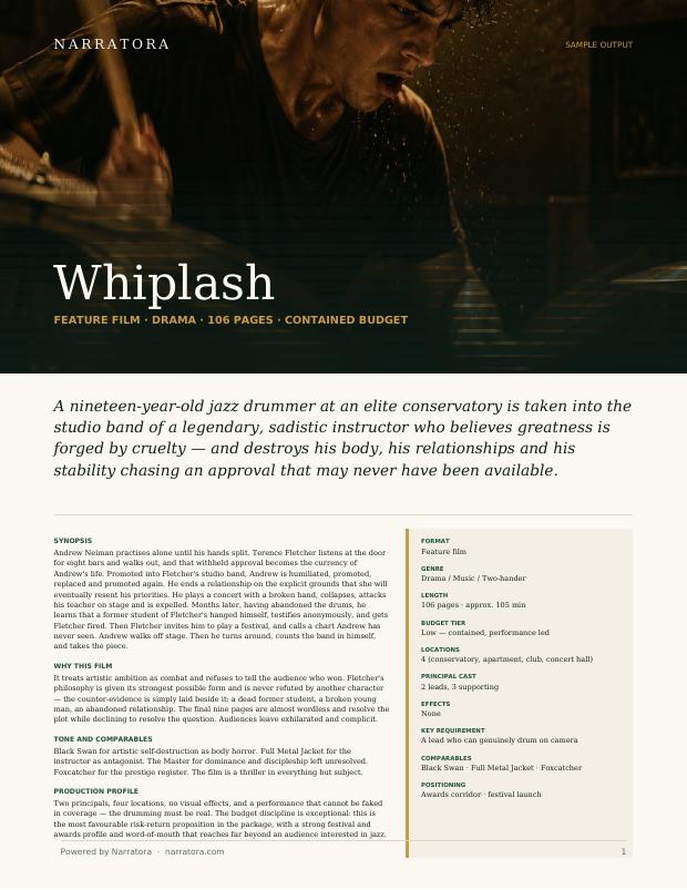 Film & TV One-Pager sample — Whiplash